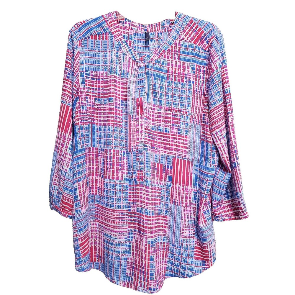 NYDJ Patchwork Geo Print Half-Placket Pleated Back 3/4 Sleeve Blouse Size XL